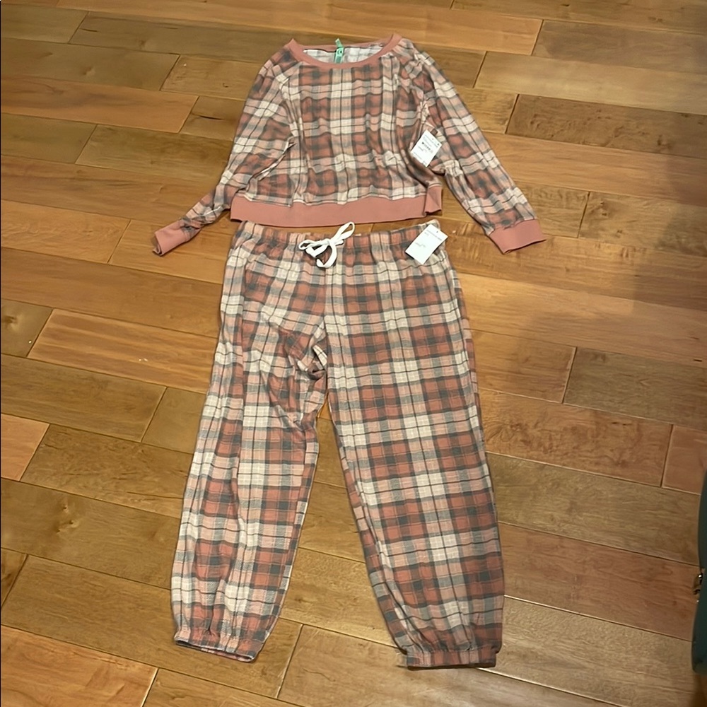 Plaid Kids Pajamas in Pink and Tan